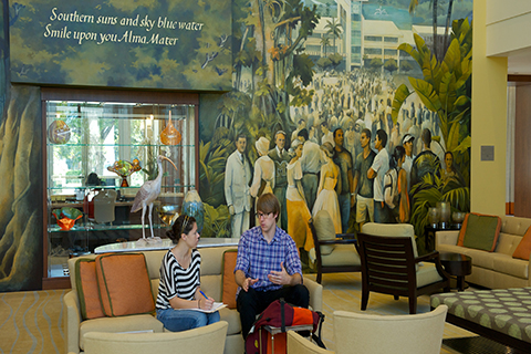 A photo inside of the Newman Alumni Center at the University of Miami Coral Gables campus.