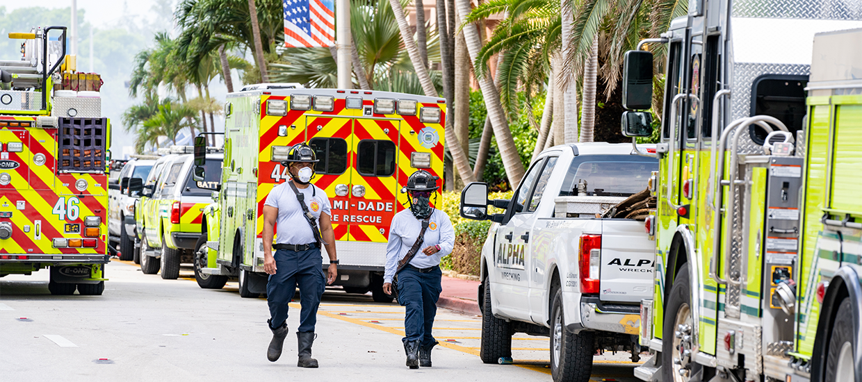 Emergency responders at the scene of the Surfside Building Collapse. 