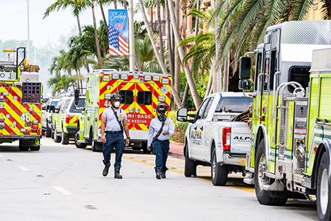 Emergency responders at the scene of the Surfside Building Collapse. 